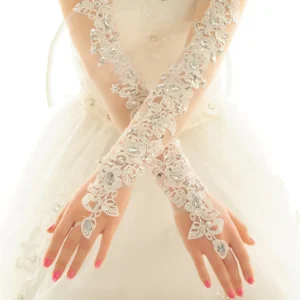 Opera Length Long Wedding Dress Gloves Crystals Diamond Gauze Embroidery Elegant Womens Lace Bridal