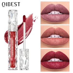 QIBEST Shimmer Lip Gloss Diamond Glitter Lip Tint Waterproof Long Lasting Matte Liquid Lipstick Red Purple Lipgloss Women Makeup